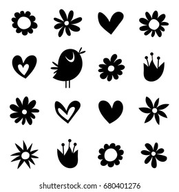 Set of  Flowers, Hearts and Birds. Vector Illustration. Isolated Black Silhouette on a White Background. Cute Design for People in Love.