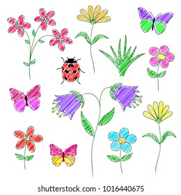 Set of  flowers, herbs,   butterfly,  ladybug