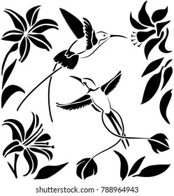 Set with flowers and hummingbirds on white background. Stencil. Template for laser cutting. Die cut card. Tropical birds with flowers. 