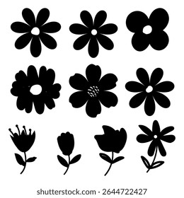 Set Of Flowers Icon, Black and white floral silhouette collection of various flowers for design and decoration elements.