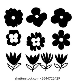 Set Of Flowers Icon, Black and white floral silhouette collection of various flowers for design and decoration elements.