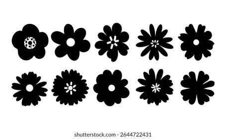 Set Of Flowers Icon, Black and white floral silhouette collection of various flowers for design and decoration elements.