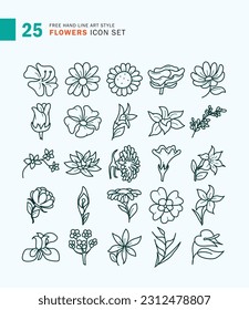 Set of Flowers Icon Line Art Style. Roses, Orchids, Petals, Tulips.