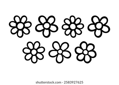 Set of flowers icons. Black silhouette. Front view. Vector simple flat graphic hand drawn illustration. Isolated object on white background. Isolate.