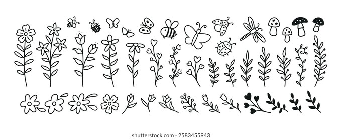 set of flowers, insects, mushrooms and vegetation in doodle style. Vectors isolated on white background for banners, cards, prints, and assorted designs.