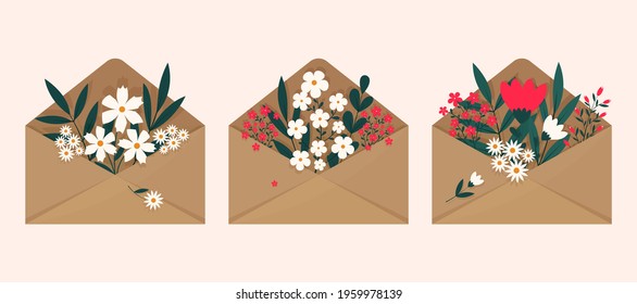 A set of flowers inside an envelope on a light background. Flat illustration design. Illustration of an envelope with daisies, green and red flowers. Flowers inside the envelope
