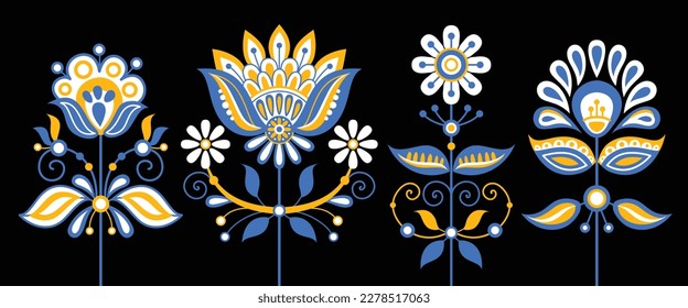 Set of Flowers Inspired by Ukrainian Traditional Embroidery. Ethnic Floral Motif, Handmade Craft Art. Traditional Ukrainian Yellow and Blue Embroidery. Single Design Elements. Vector Illustration