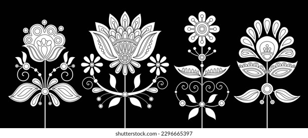 Set of Flowers Inspired by Ukrainian Traditional Embroidery. Ethnic Floral Motif, Handmade Craft Art. Single Design Elements. Coloring Book Page. Vector Contour Illustration