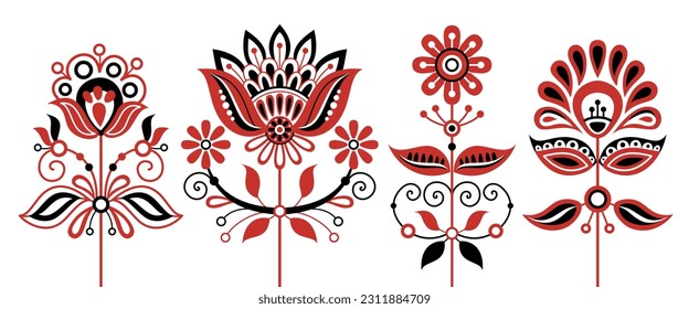 Set of Flowers Inspired by Ukrainian Traditional Embroidery. Ethnic Floral Motif, Handmade Craft Art. Traditional Ukrainian Red and Black Embroidery. Single Design Elements. Vector Illustration
