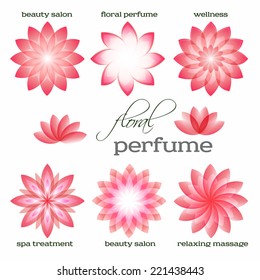 Set flowers isolated abstract icons design. Floral parfum & organic cosmetician for spa treantment. Concept symbol for boutique, beauty salon, relaxing massage, resort. Vector illustration EPS 10