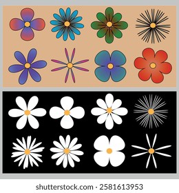 Set of flowers isolated on beige and black background. Flat vector illustration.