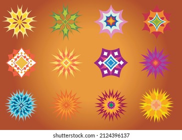 Set of flowers isolated on orange background. Simple retro illustration of bright colors for stickers, labels, tags, gift paper. colored flowers