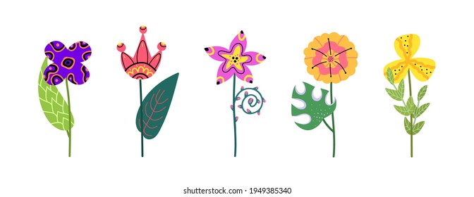 Set of flowers isolated on a white background. Bright blooming flowers for card,postcard,poster,advertising design.Collection of floral design. Colorful botanical vector illustration in cartoon style.