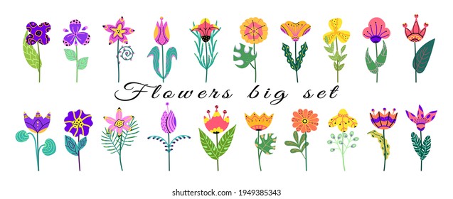 Set of flowers isolated on a white background. Bright blooming flowers for card,postcard,poster,advertising design.Collection of floral design. Colorful botanical vector illustration in cartoon style.