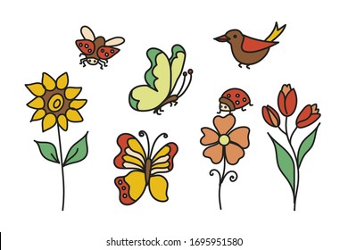 Set of flowers, ladybug, butterfly and bird simple. Colored illustration on a white background.