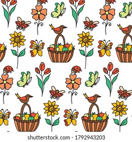 Set of flowers, ladybug, butterfly and simple bird. Seamless pattern isolated on a white background. Summer pattern for childrens Wallpaper or packaging paper.