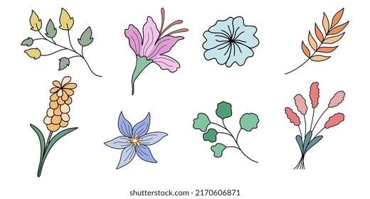 Set of flowers and leaf elements designed in doodle style on white background. It can be adapted to a wide variety of applications such as card, bag design, scrapbook, wedding, digital printing.