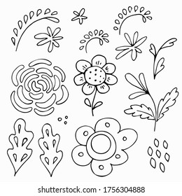 Set of flowers and leaf elements in scandinavian style. Hand drawn doodle black outline clip arts for cards. Design for stickers and coloring. Stock vector illustration isolated on white.