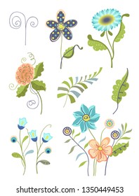Set of flowers and leafs, stylized, simple decoration for postcards and etc, isolated on white background.