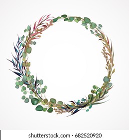 Set of flowers, leaves and branches, Imitation of watercolor, isolated on white. Sketched wreath, floral and herbs garland. Handdrawn Vector Watercolour style, nature illustration.