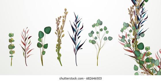 Set of flowers, leaves and branches, Imitation of watercolor, isolated on white. Sketched wreath, floral and herbs garland. Handdrawn Vector Watercolour style, nature illustration.