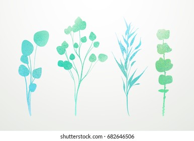 Set of flowers, leaves and branches, Imitation of watercolor, isolated on white. Sketched wreath, floral and herbs garland. Handdrawn Vector Watercolour style, nature illustration.