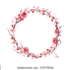 Set of flowers, leaves and branches, painted in watercolor, isolated on white. Sketched wreath, floral and herbs garland. Vector Watercolour style.