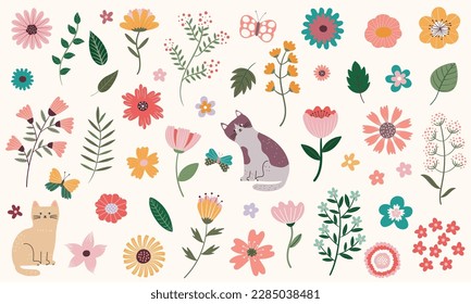 Set of flowers, leaves and cats, vector illustration	