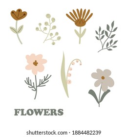 Set of flowers and leaves for the design of cards, packages, gifts, posters in a modern style