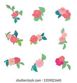Set of flowers with leaves. Elegant compositions of roses. Floral bouquets in retro style. Flowers for the design of cards, logos, wedding invitations.