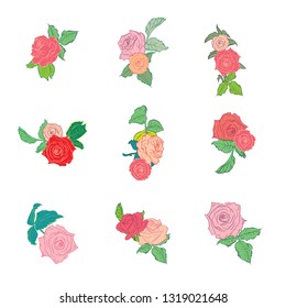 Set of flowers with leaves. Elegant compositions of roses. Floral bouquets in retro style. Flowers for the design of cards, logos, wedding invitations.