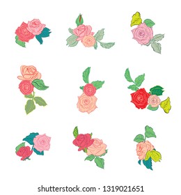 Set of flowers with leaves. Elegant compositions of roses. Floral bouquets in retro style. Flowers for the design of cards, logos, wedding invitations.