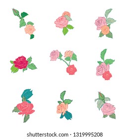 Set of flowers with leaves. Elegant compositions of roses. Floral bouquets in retro style. Flowers for the design of cards, logos, wedding invitations.