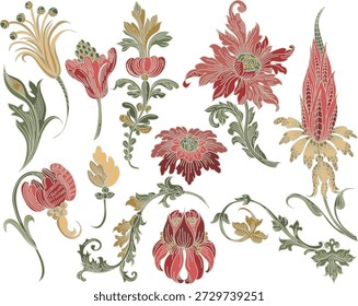 Conjunto de flores y hojas con Elementos de adorno gótico sobre un fondo transparente en estilo vintage	
