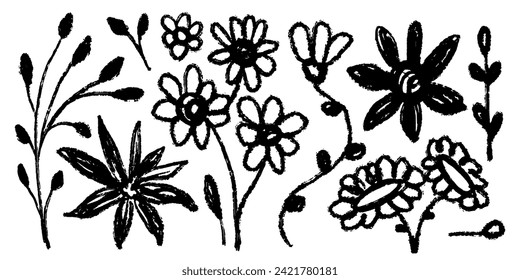 Set of flowers, leaves, floral stems. Primitive wild plants drawing with grunge brush. Black and white botanical elements. Vector illustration. Simple style plants