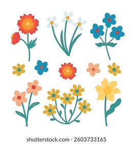 Set of flowers with leaves isolated on white background. Vector color illustration with plants. Collection of cute flowers for print, designs, banners, web, patterns and cards. Hand drawn.