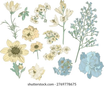 Conjunto flores y hojas