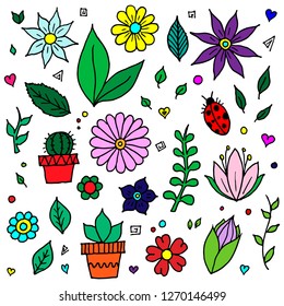 Set of flowers, leaves and plants. Vector cartoon illustration. Isolated objects on a white background. Hand-drawn style.