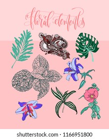 set of flowers and leaves in a realistic and decorative style, fashion trendy elements for your design, vector illustration collection
