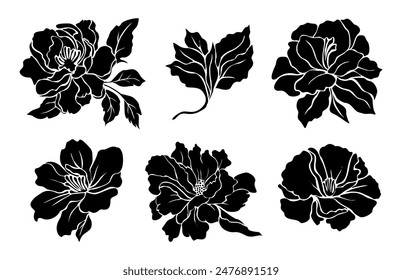 Conjunto de flores y hojas siluetas. Elementos de diseño florales dibujados a mano, iconos, Formas. Flores silvestres y del jardín, ilustraciones del contorno de las hojas en blanco y negro sobre fondo blanco. Dibujado a mano, no AI