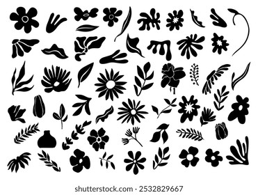 Conjunto de siluetas de flores y hojas. Elementos de diseño florales dibujados a mano, iconos, Formas. Flores silvestres y de jardín, hojas ilustraciones de contorno en blanco y negro aisladas sobre fondo blanco.