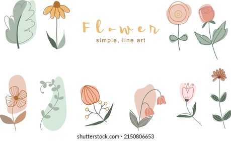 set of flowers and leaves. simple line art and boho shape. new set illustration for good moment. 