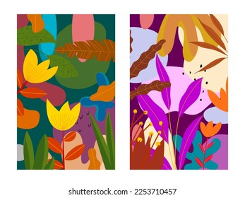 Set of flowers and leaves tropical hand drawn vector illustration for background, banner, cover, poster.