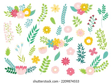 Set of flowers and leaves, vector illustration	