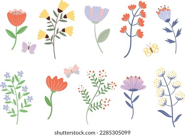 Set of flowers and leaves, vector illustration	