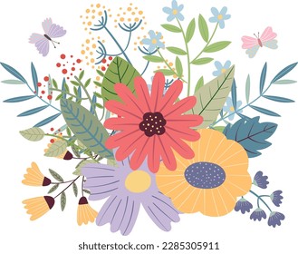 Set of flowers and leaves, vector illustration	