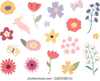 Set of flowers and leaves, vector illustration	