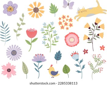 Set of flowers and leaves, vector illustration	