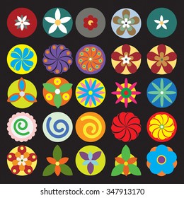Set of flowers like chakras vector collection. Isolated on black background. Flat style. For design, associated with yoga and spiritual imaginary. 
