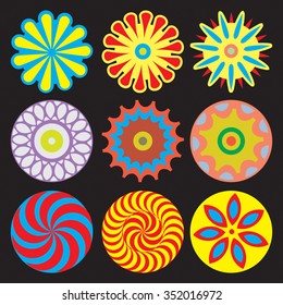 Set of flowers like chakras vector collection. Isolated on black background. Flat style. For design, associated with yoga and spiritual imaginary. 
